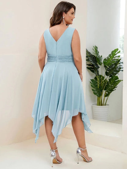 Plus Size Double V Neck Cocktail Dresses Ruched-Waist Midi Chiffon Bridesmaid Dress