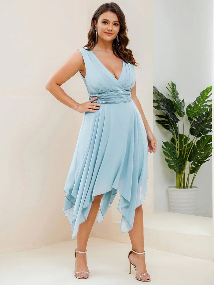 Plus Size Double V Neck Cocktail Dresses Ruched-Waist Midi Chiffon Bridesmaid Dress