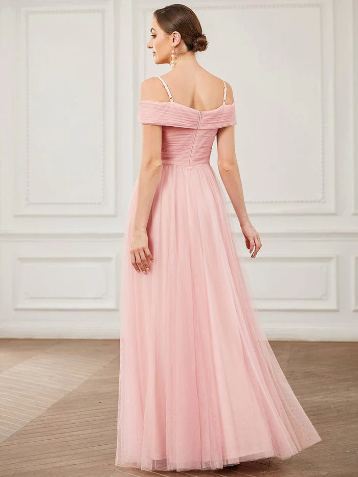 Spaghetti Strap Cold Shoulder Cross Over A-Line Tulle Bridesmaid Dress