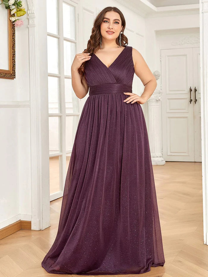 Double V Neck Maxi Long Plus Size Sparkly Evening Dresses for Party