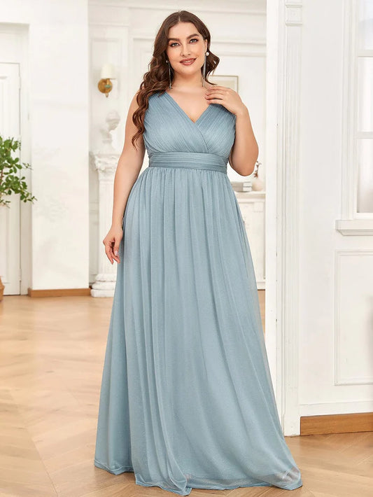 Double V Neck Maxi Long Plus Size Sparkly Evening Dresses for Party