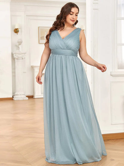 Double V Neck Maxi Long Plus Size Sparkly Evening Dresses for Party