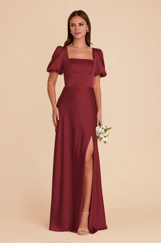 Elegant Fitted Satin Square Neck Puff Sleeve Zipper Back Floor-Length Bridesmaid Dresses