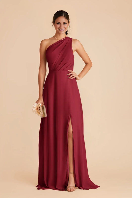 Elegant Flowy Chiffon One-Shoulder Sleeveless Open-Back Floor-Length Bridesmaid Dresses