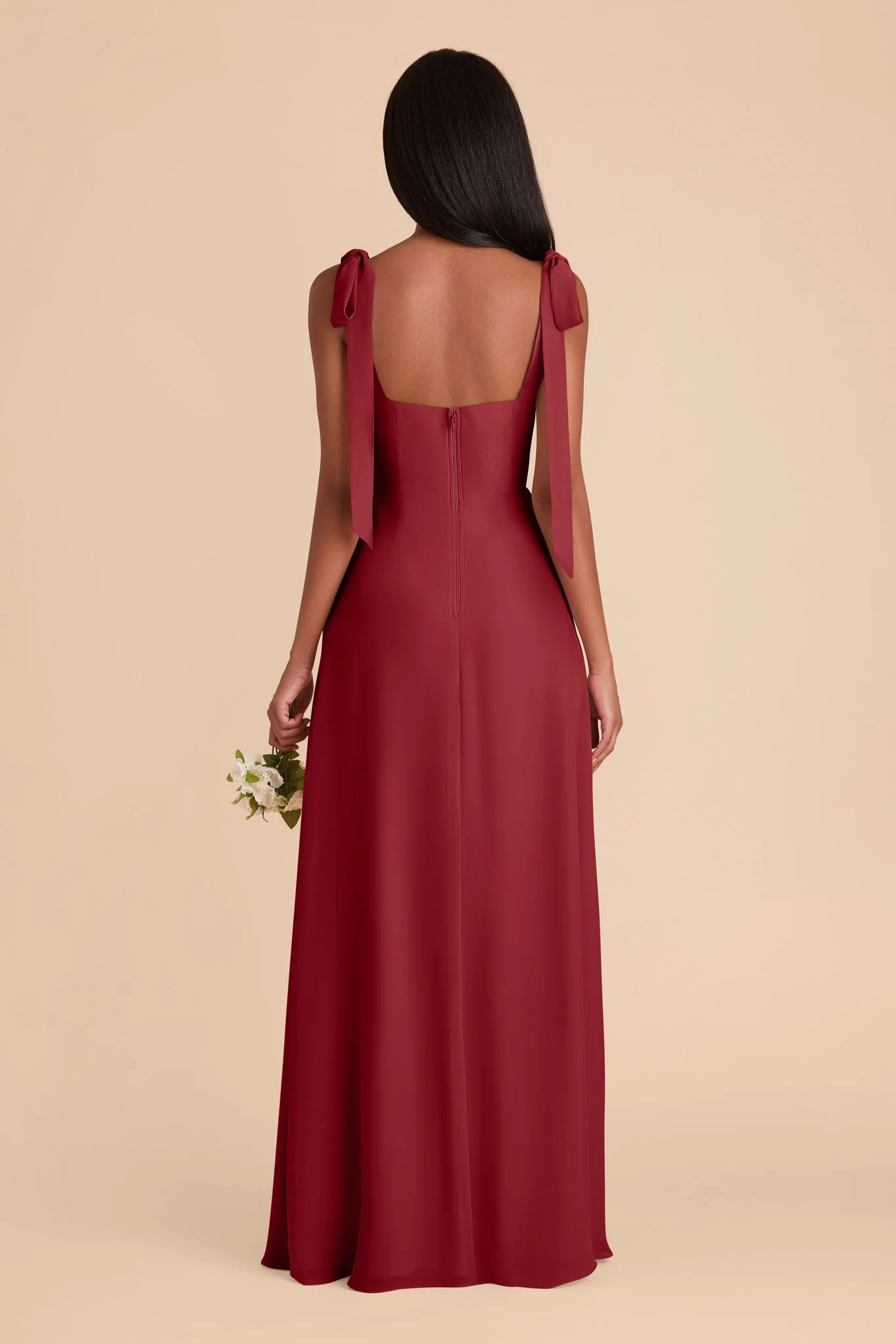 Elegant Flowy Satin Square Neck Bow Strap Open Back Floor Length Bridesmaid Dresses