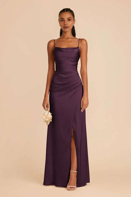 Fashion Plum Spaghetti Straps Pleated Satin Maxi Bridesmaid Dress