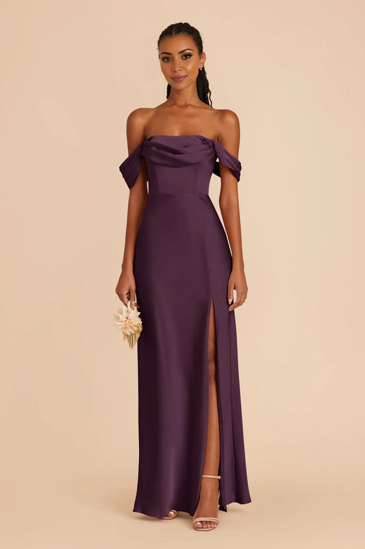 Flowy Plum Off the Shoulder Sleeveless Satin Maxi Bridesmaid Dress