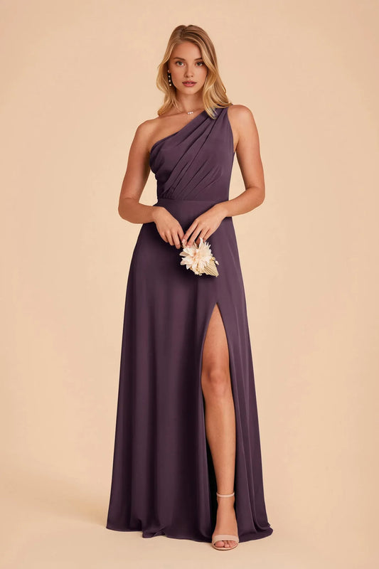 Graceful Plum One Shoulder Pleated Chiffon Maxi Bridesmaid Dress