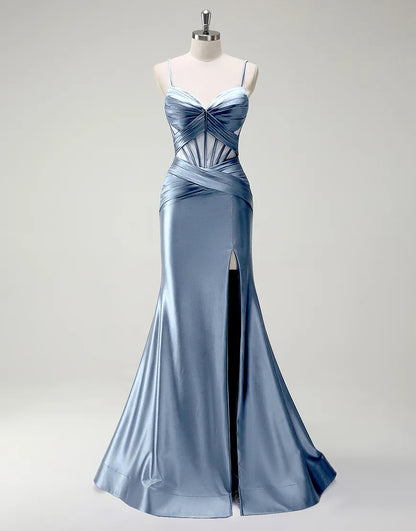 QIAIWAN Elegant Mermaid Satin Thin Strap Sleeveless V-neck Ball Dress