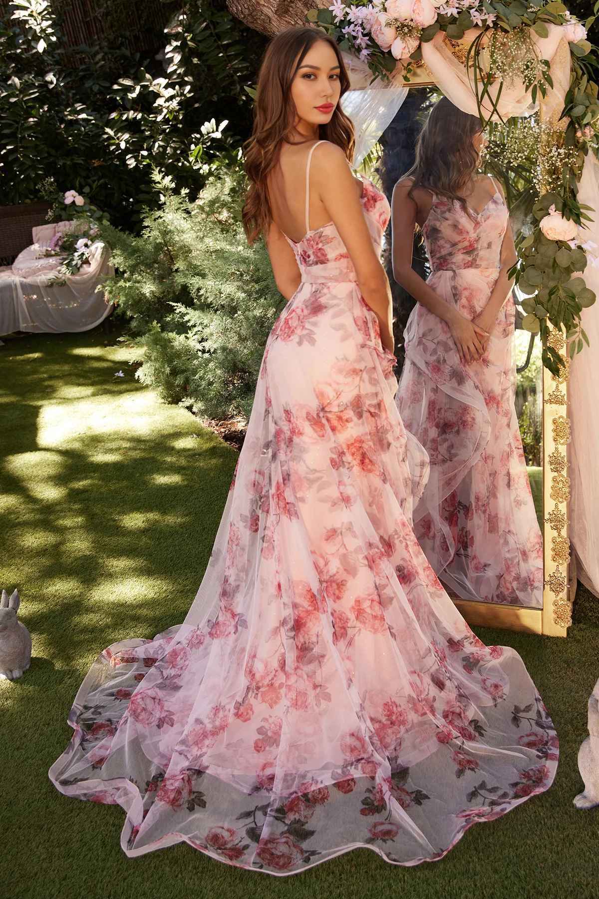 A Line Floral Printed Gown V-Neck Floor-length Prom Dress With Slit