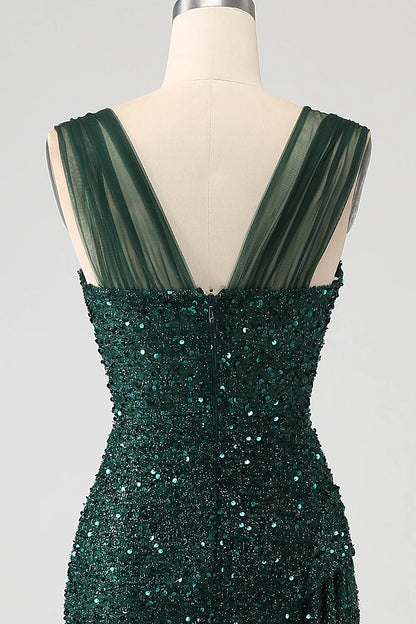 Dark Green Sheath Sparkly Sequin Pleated Long Prom Dress With Thigh Split