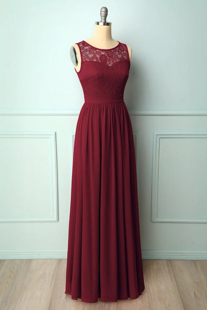 Burgundy Lace Long Bridesmaid Dress Evening Dress