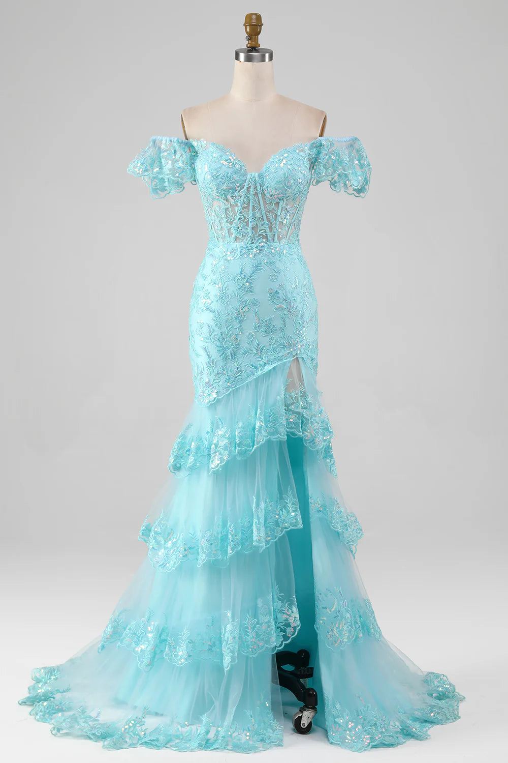 Sky Blue Off the Shoulder Lace and Sequin Mermaid Prom Dress with Slit