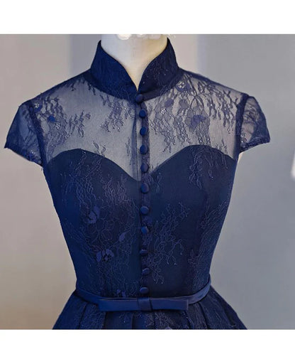 High Neck Homecoming Dress, Lace Dark Navy Lace-up Short Prom Dress