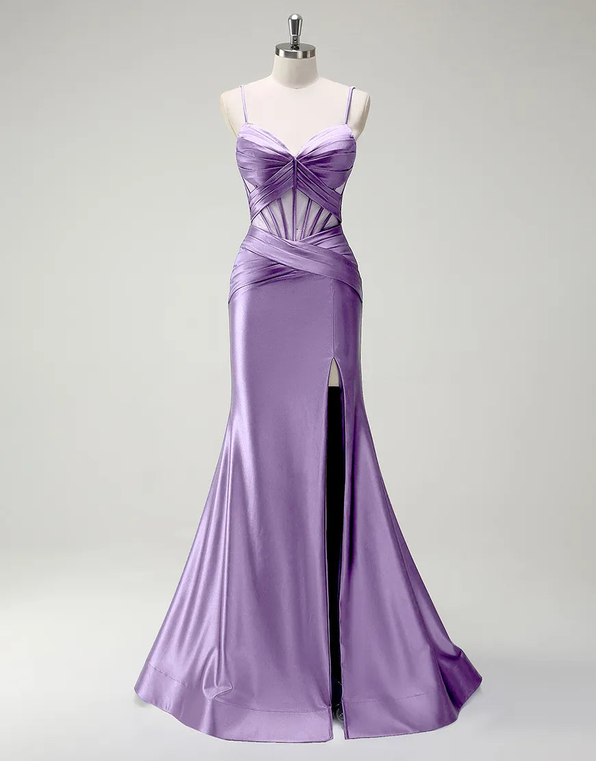 QIAIWAN Elegant Mermaid Satin Thin Strap Sleeveless V-neck Ball Dress