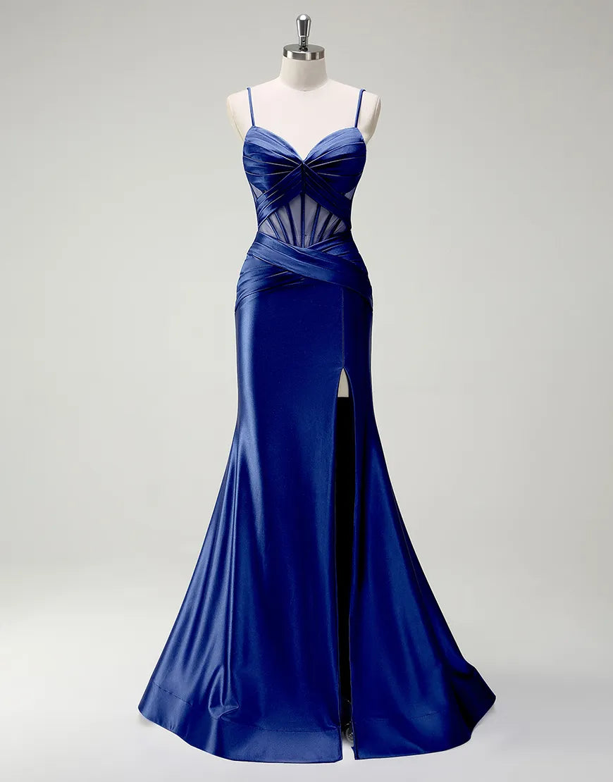 QIAIWAN Elegant Mermaid Satin Thin Strap Sleeveless V-neck Ball Dress