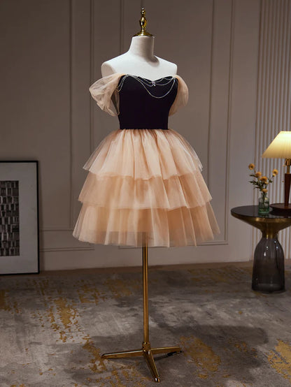 Champagne and Black Sweetheart Short Formal Dress, Tulle Homecoming Dress