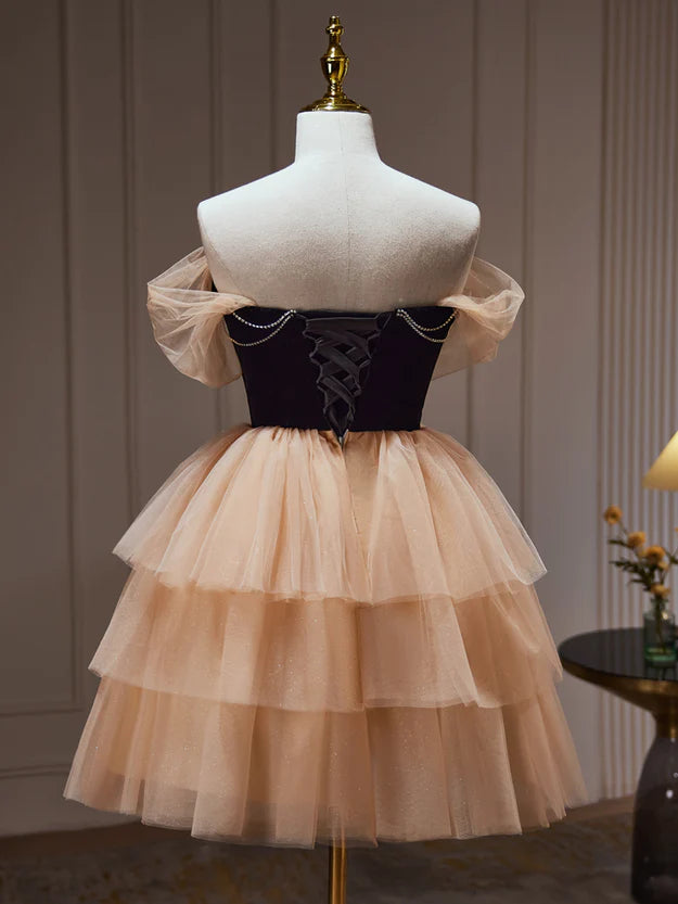 Champagne and Black Sweetheart Short Formal Dress, Tulle Homecoming Dress