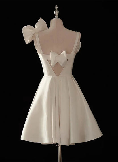 Cute Short White Satin Knee Length Party Dress with Bow, White Graduation Dress