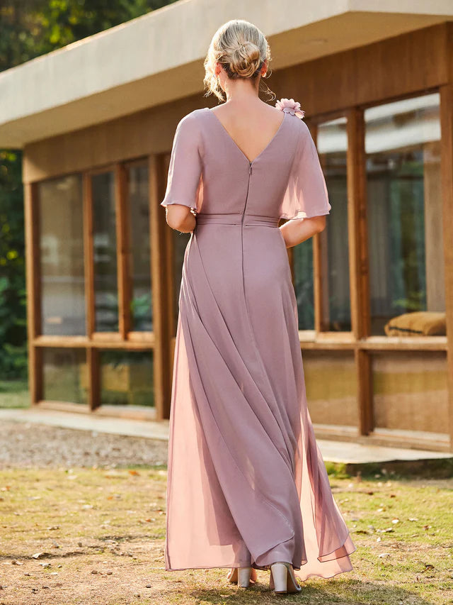 V-neck short sleeved chiffon bridal mother's dress with appliqu é - QIAIWAN Dress
