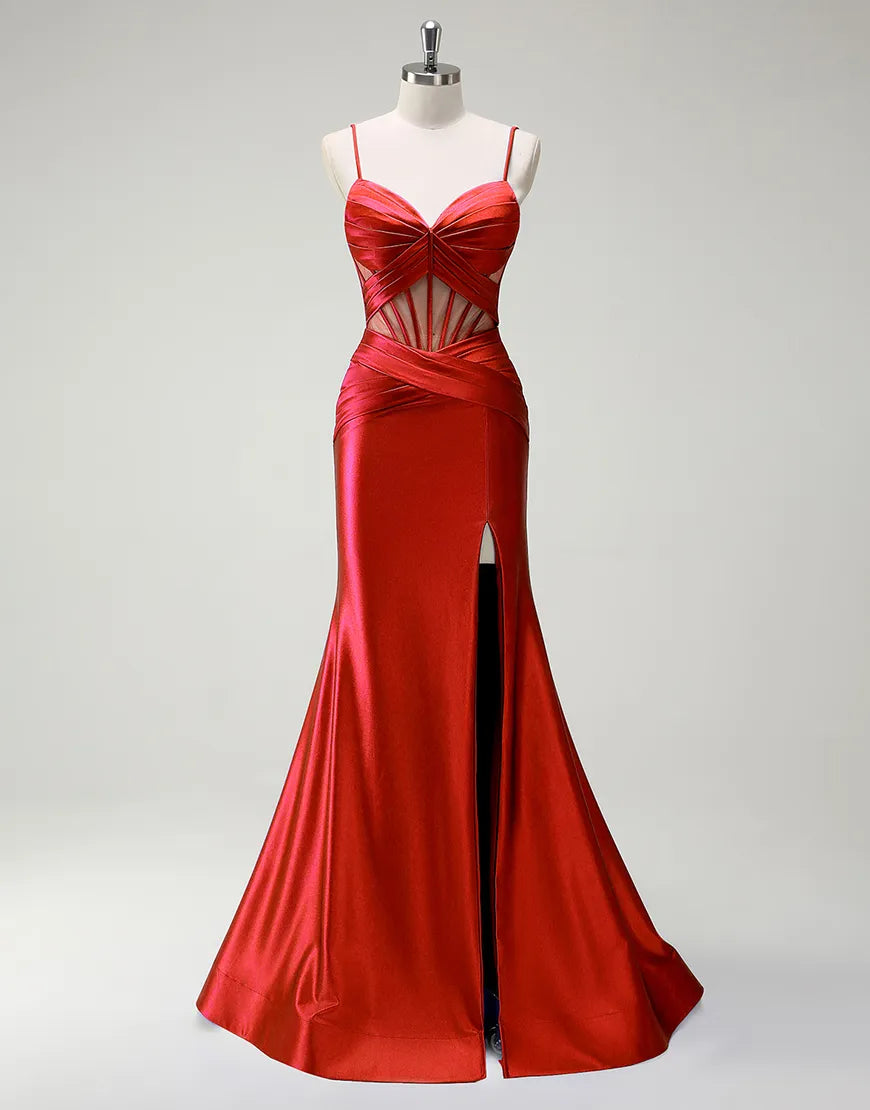 QIAIWAN Elegant Mermaid Satin Thin Strap Sleeveless V-neck Ball Dress