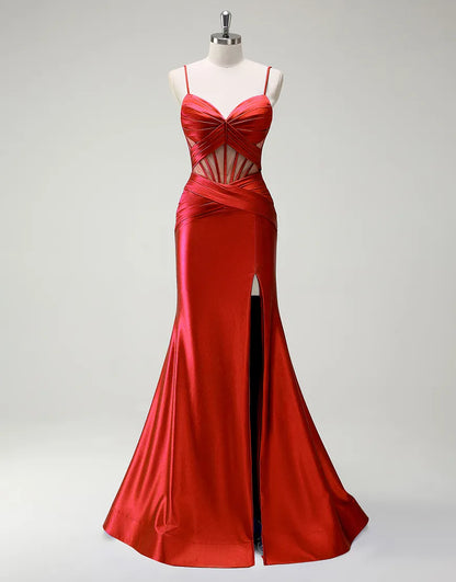 QIAIWAN Elegant Mermaid Satin Thin Strap Sleeveless V-neck Ball Dress