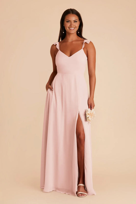 Romantic A-Line Chiffon V Neck Ruffle Strap Bow Back Floor Length Bridesmaid Dress
