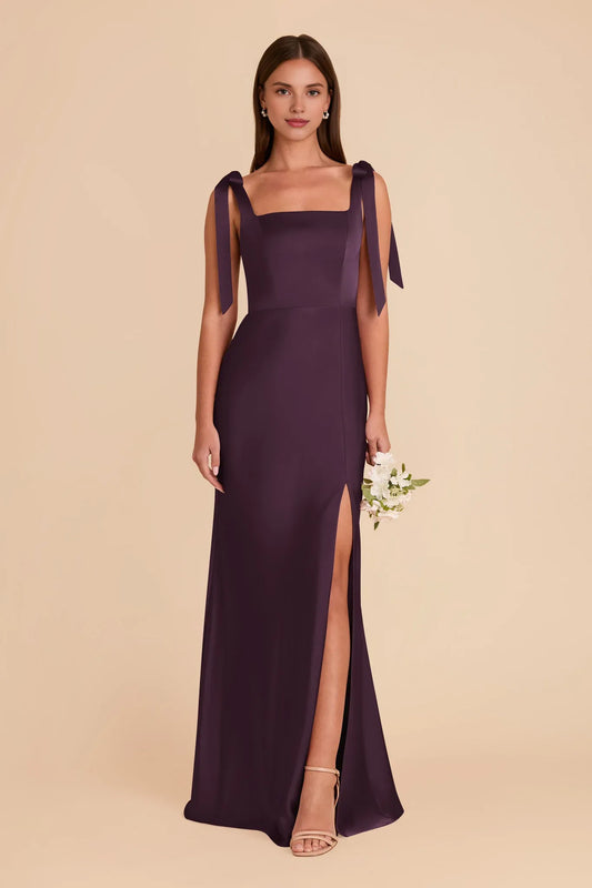 Simple Plum Square Neck Sleeveless Satin Maxi Bridesmaid Dress