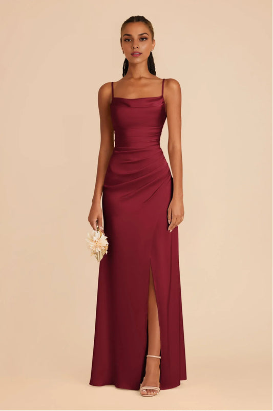 Sleek Ruched Satin Square Neck Spaghetti Strap Open Back Floor Length Bridesmaid Dresses