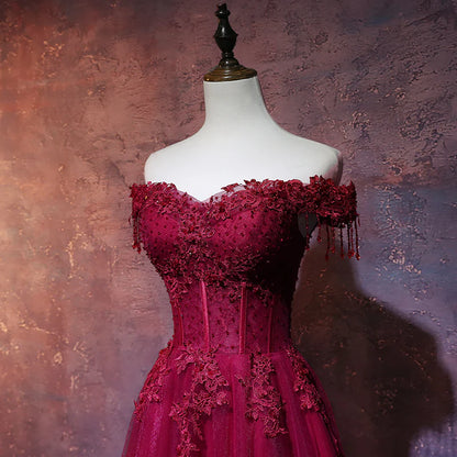 Beautiful Wine Red Tulle Sweetheart Long Prom Dress, A-line Party Dress