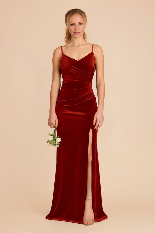 Vibrant Burnt Orange V-Neck Sleeveless Velvet Maxi Bridesmaid Dress