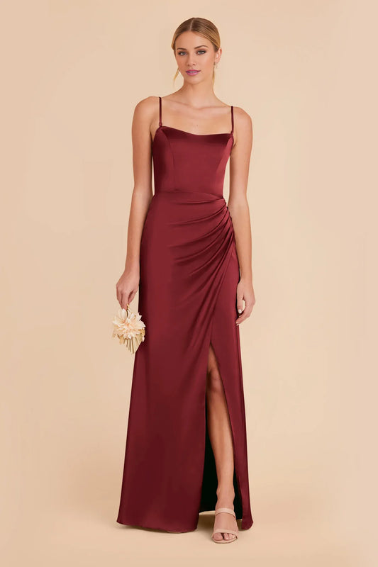 Vintage Ruched Satin Square Neck Spaghetti Strap Open Back Floor Length Bridesmaid Dresse