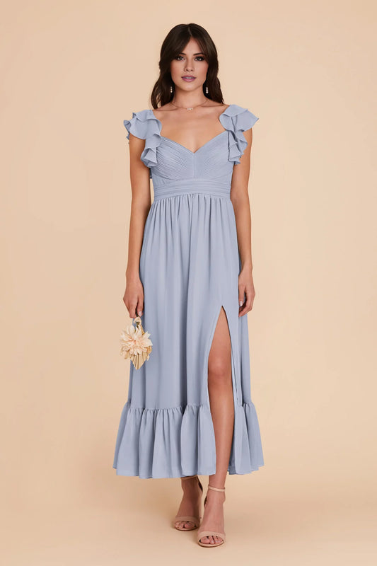 Whimsical Dusty Blue Chiffon Ruffle-Trim Plunging V-Neck Tiered Midi-Length Bridesmaid Gown