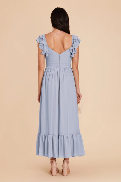 Whimsical Dusty Blue Chiffon Ruffle-Trim Plunging V-Neck Tiered Midi-Length Bridesmaid Gown
