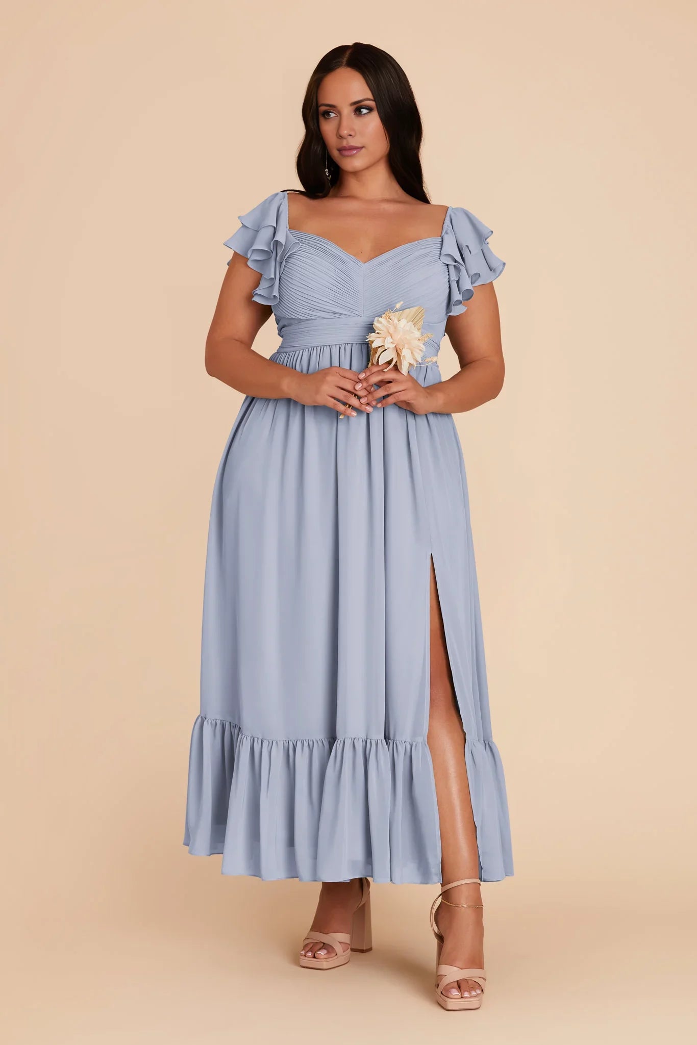 Whimsical Dusty Blue Chiffon Ruffle-Trim Plunging V-Neck Tiered Midi-Length Bridesmaid Gown