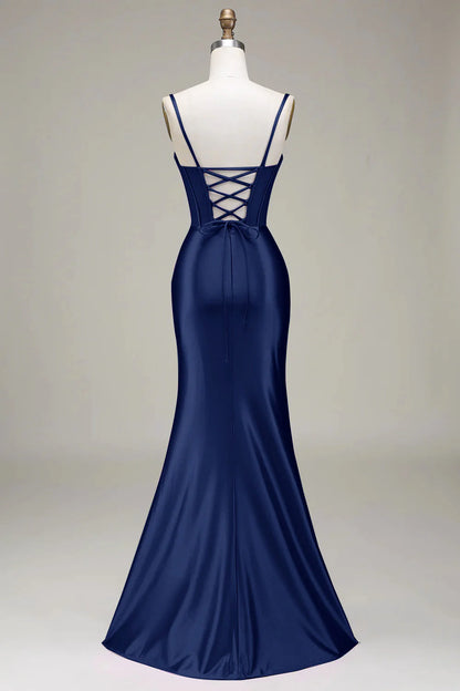 Navy Mermaid Spaghetti Straps Corset Prom Dress with Split Front