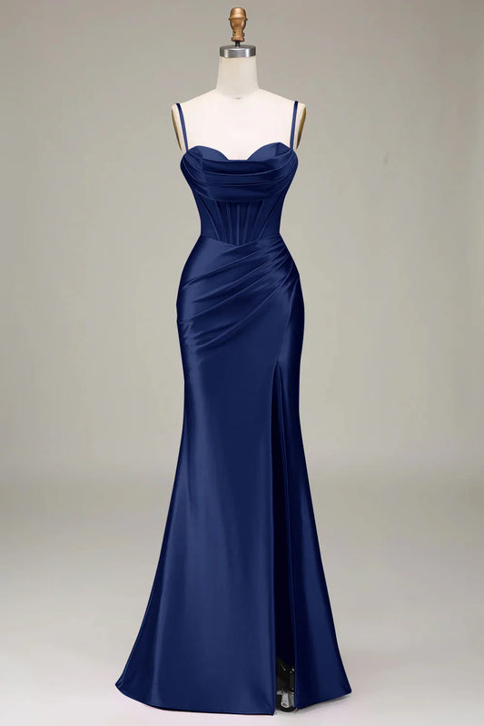 Navy Mermaid Spaghetti Straps Corset Prom Dress with Split Front