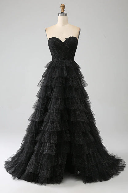 Glitter Sweetheart Black Party Dress Corset Prom Dress with Slit