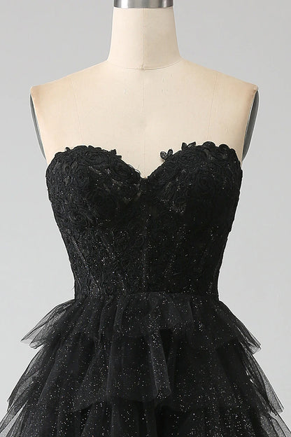 Glitter Sweetheart Black Party Dress Corset Prom Dress with Slit