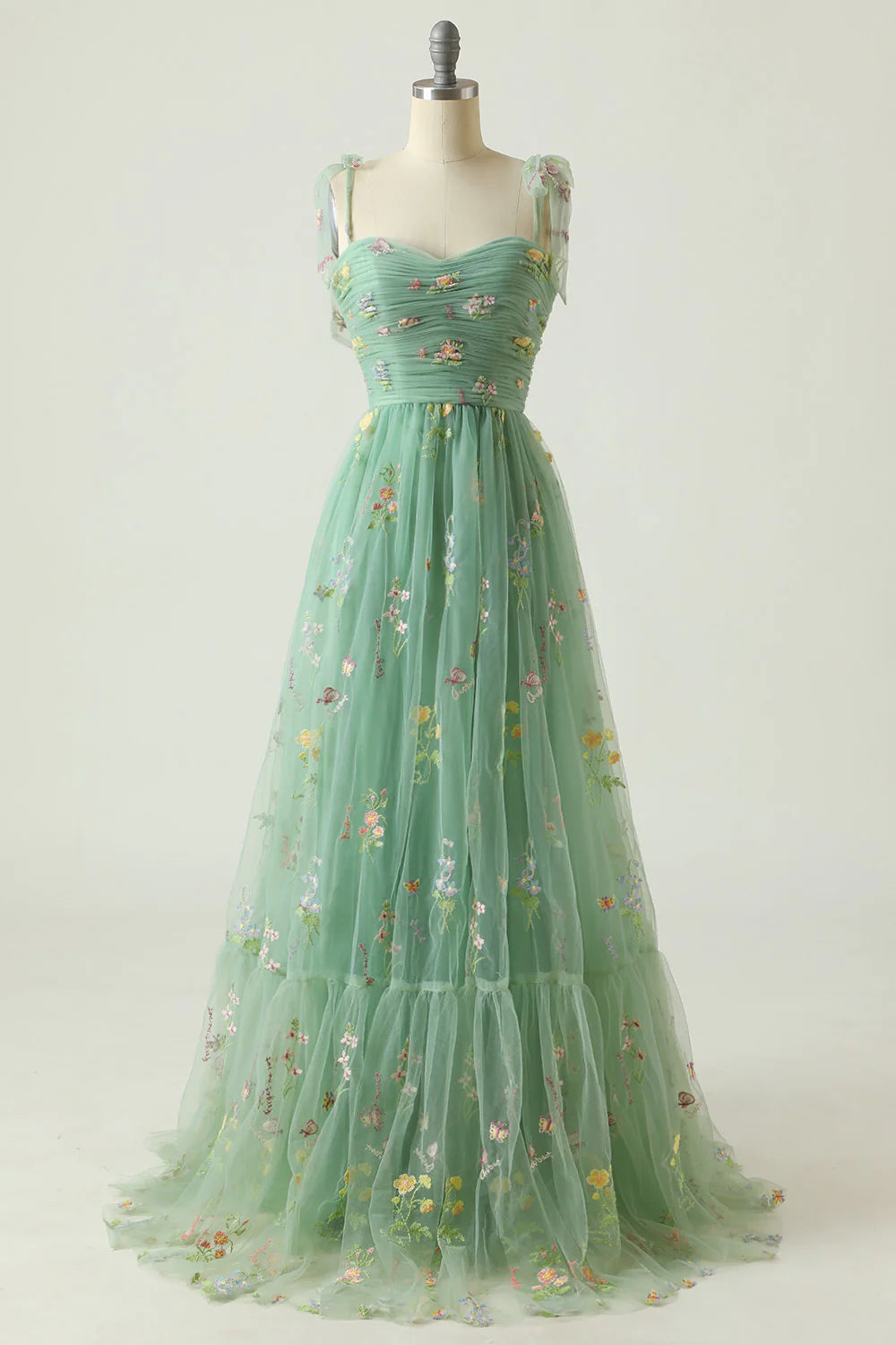 Green Long Prom Dress With Embroidery Slip Dress A-Line Floor-length Dress