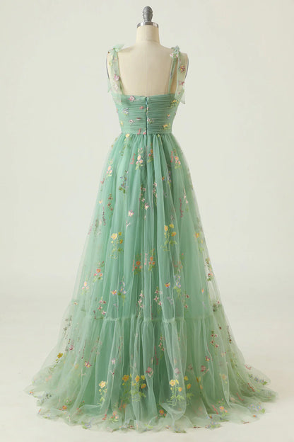 Green Long Prom Dress With Embroidery Slip Dress A-Line Floor-length Dress