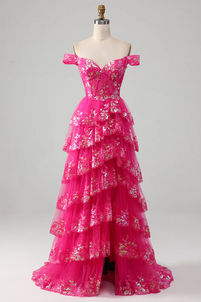 Off The Shoulder Fuchsia Prom Dress with Sequins