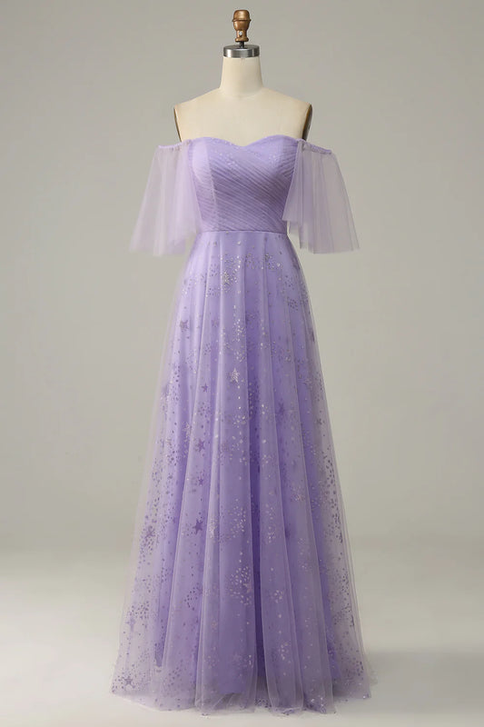 Off Shoulder Lavender Prom Dress with Ruffles