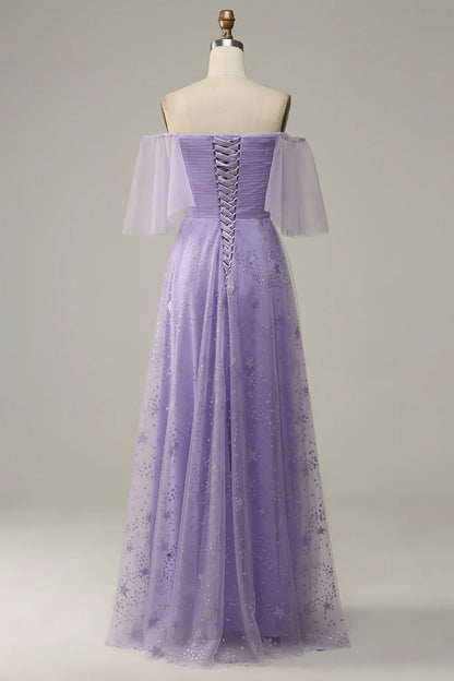 Off Shoulder Lavender Prom Dress with Ruffles