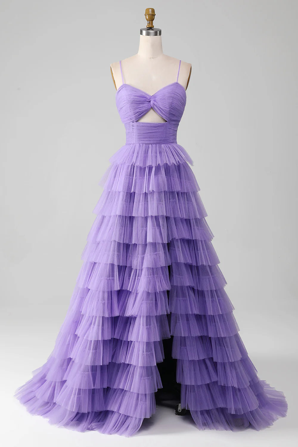 Purple Tulle A-Line Tiered Long Prom Dress with Slit