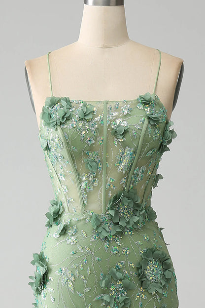 Mermaid Spaghetti Straps Green Corset Prom Dress with Appliques