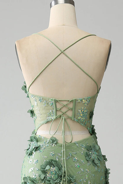 Mermaid Spaghetti Straps Green Corset Prom Dress with Appliques