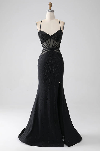 Mermaid Black Spaghetti Straps Long Prom Dress with Slit