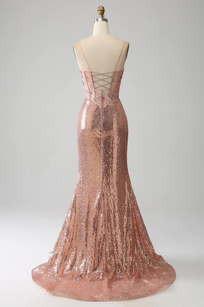 Rose Gold Mermaid Beaded Ruched Sequin Corset Prom Dress With Side Slit