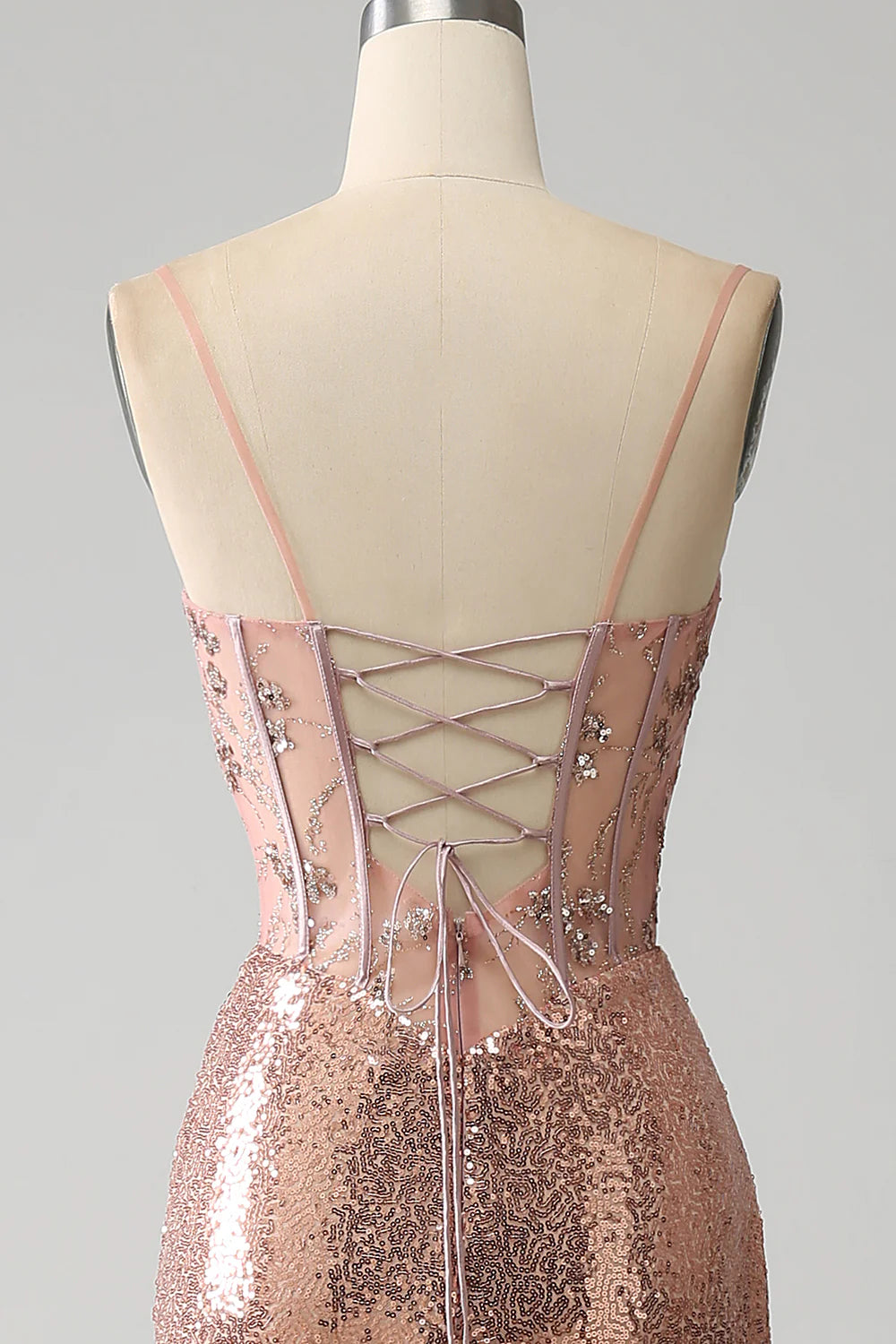 Rose Gold Mermaid Beaded Ruched Sequin Corset Prom Dress With Side Slit